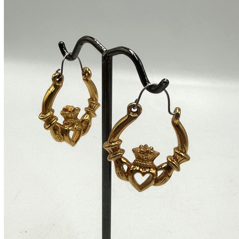 Vintage Gold Tone Claddagh Hoop Earrings Irish Heart Crown Kidney Wire